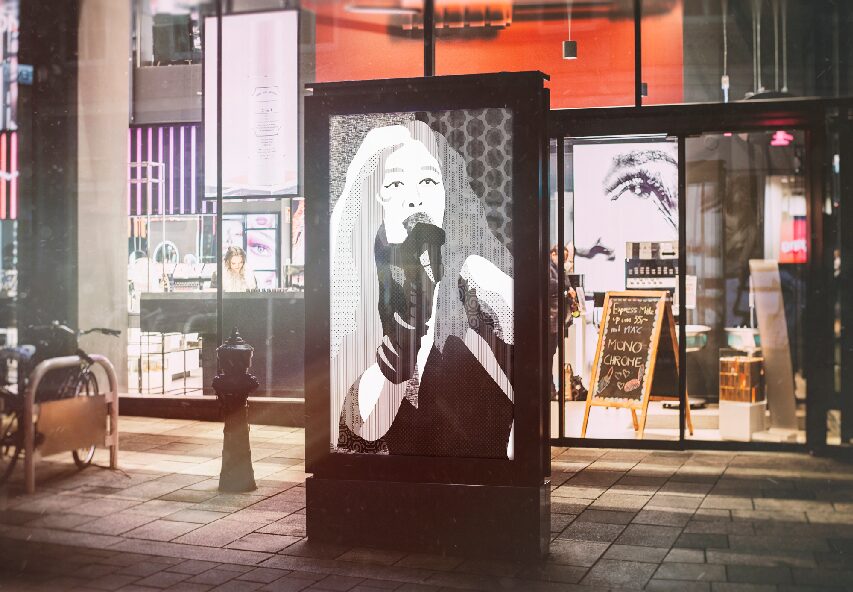 Nighttime poster mockup of the black and white Chappell Roan portrait